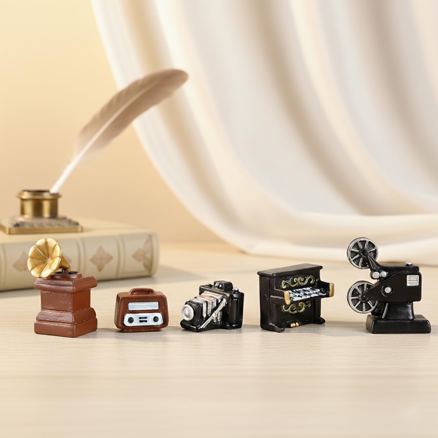 ascension Vintage Miniature Set of 5 – Retro Gramophone, Radio, Camera, Piano & Projector Figurines for Home Office Living Room Table Desk Decoration Item Collectible Miniature Showpiece & Gift Item-image-20