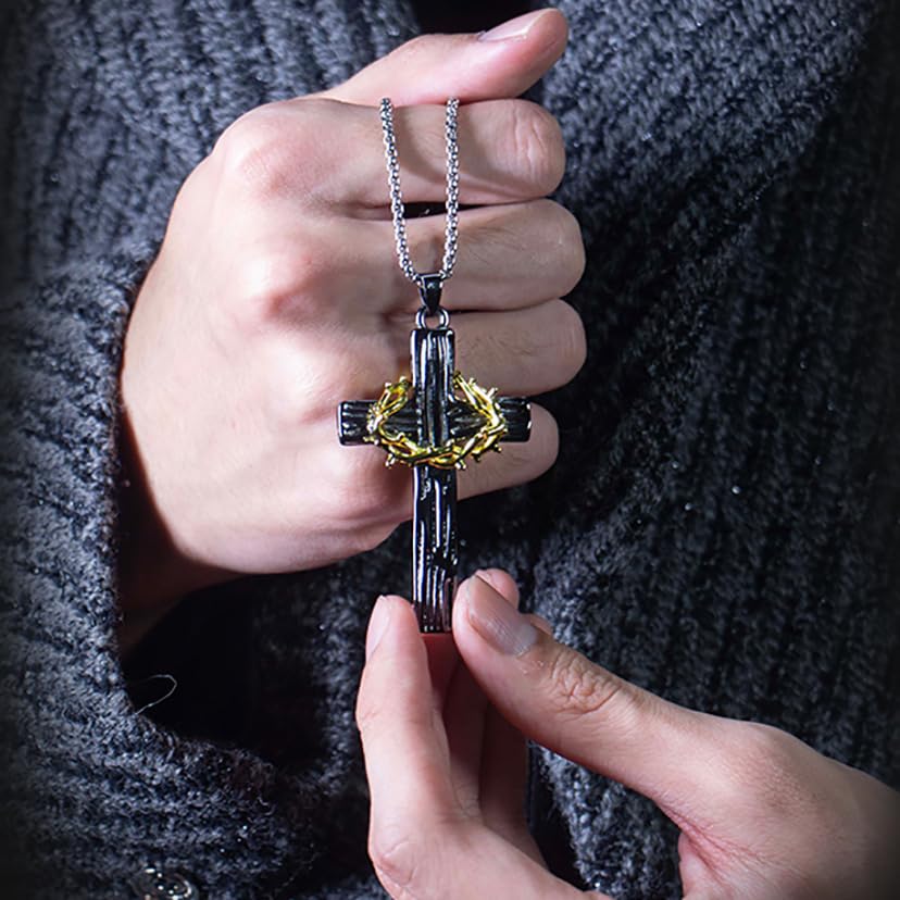 Cross Necklace for Men Thorns Cross Necklace Stainless Steel Black Gold Silver Jesus Christ Crucifix Pendant Necklaces Faith Religious Jewelry Gift4