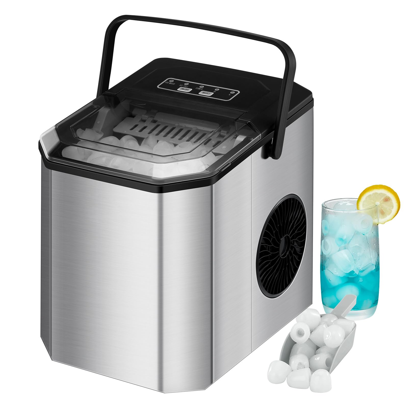 Kompakte Eiswürfelmaschine 120W – 9 Eiswürfel in 6 Min, 26 lbs/24h, Selbstreinigung, für Party, Büro, Bar, Wohnmobil, Eisschaufel & Korb, leise