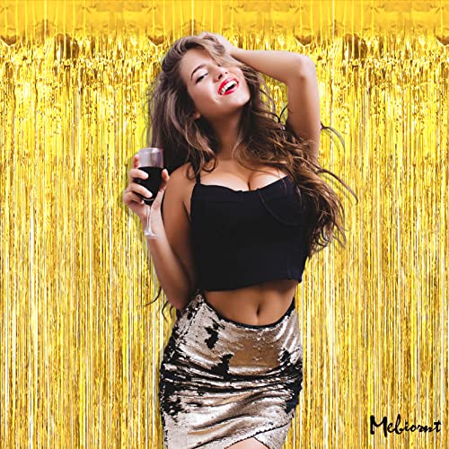 Image of 4 Pack Gold Fringe Curtain Backdrop, 3.2Ft x 6.6Ft Metallic Tinsel Foil Fringe Streamers Background for Photo Booth Birthday Wedding Baby Shower Carnival Easter Mother's Day Party Decorations