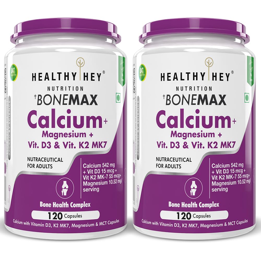 Vegan Calcium with Magnesium, Vitamin D3 & Vitamin K2- Mk7 - BoneMax - Bone Health Complex - 120 Vegetable Capsules - Pack of 2