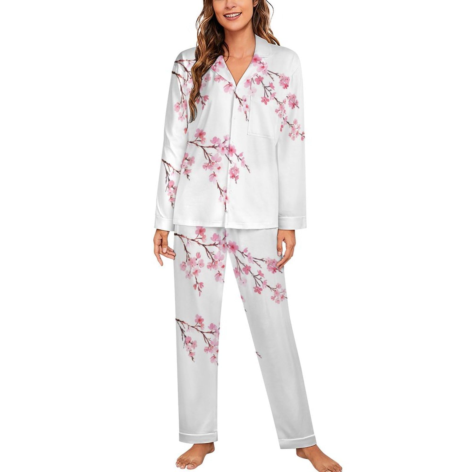Qjjinxior Sleepwear,Cherry Blossoms Pyjama Sets,Women Long Sleeve Loungewear with Pockets