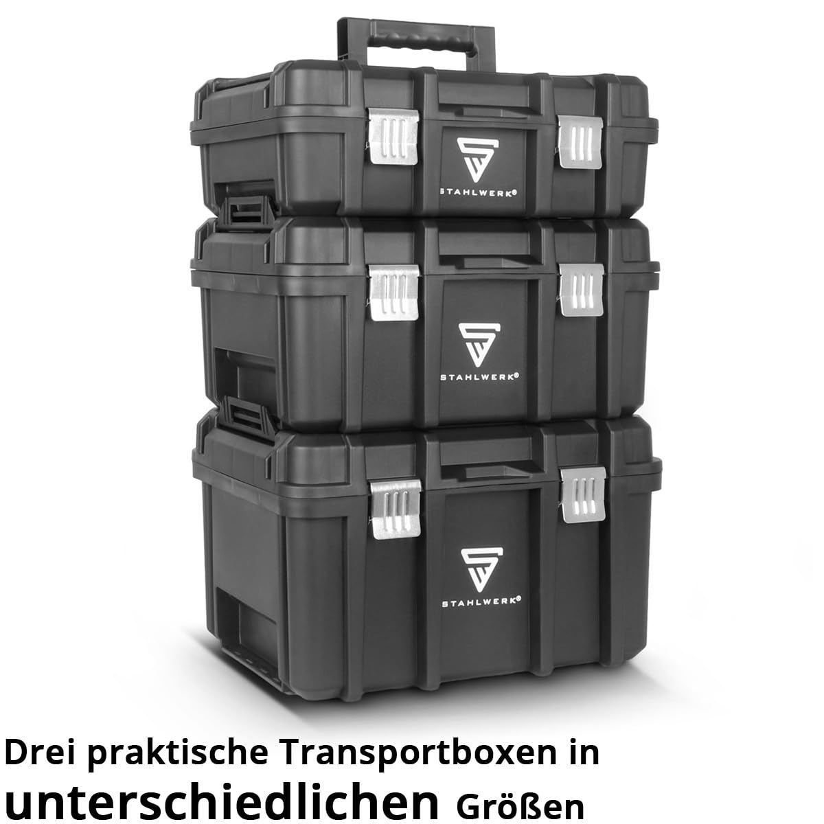 STAHLWERK Werkzeugtrolley mit drei Boxen – fahrbarer Werkzeugkoffer-Trolley mit Rollbrett, Metallverschlüssen und großem Stauraum, flexibles Aufbewahrungssystem für Werkstatt, Garage und Montage