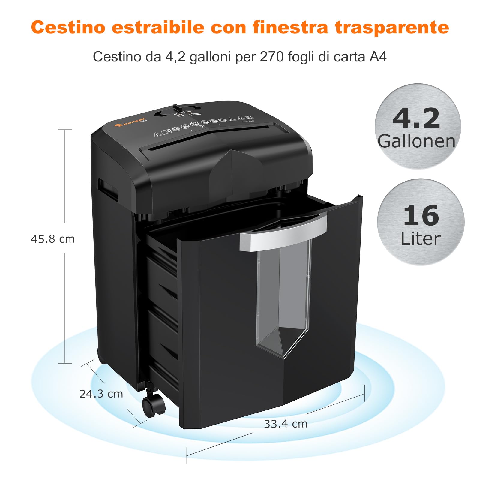 Bonsaii distruggidocumenti professionale 12 Fogli, Taglio a Micro Frammenti con Funzione Distruggi Carte di Credito/CD, per Casa e Ufficio, con ruote e Cestino da 16 litri (C266-B)