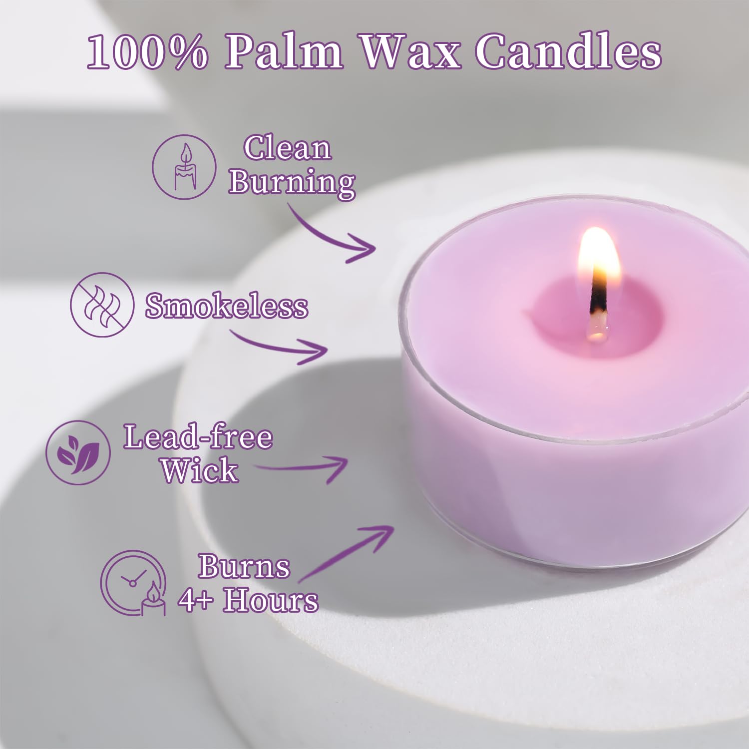 Zapachowe świece herbaciane, lawendowy zmierzch, 48 sztuk – fioletowe świece tealight – 100% wosk palmowy, 6-godzinna aromaterapia, świeczka wotywna do relaksu, spa, jogi, dekoracji domu