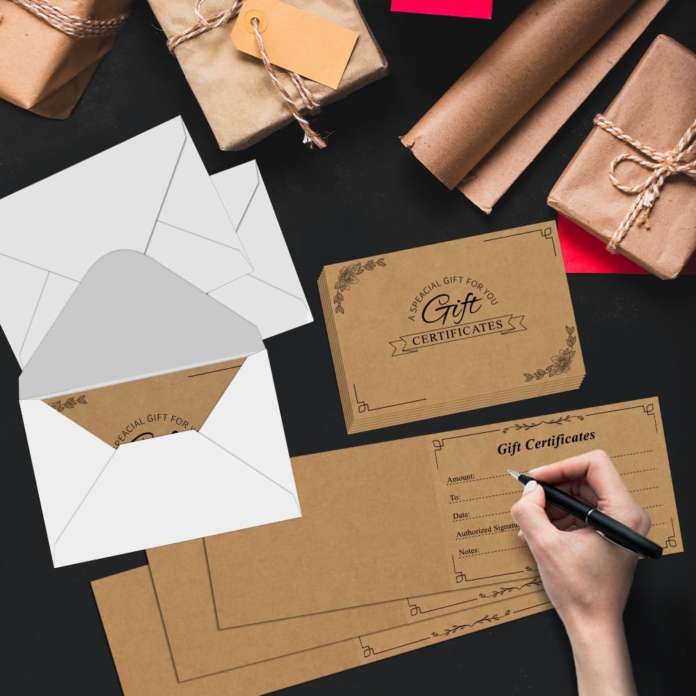 Gift Certificates, Blank Kraft Gift Certificates for Business, 50 Blank Gift Certificate with 50 Envelopes, Good for Gift, Beauty Salon, Restaurants and Birthday, 3.9x5.9inches - Image 5