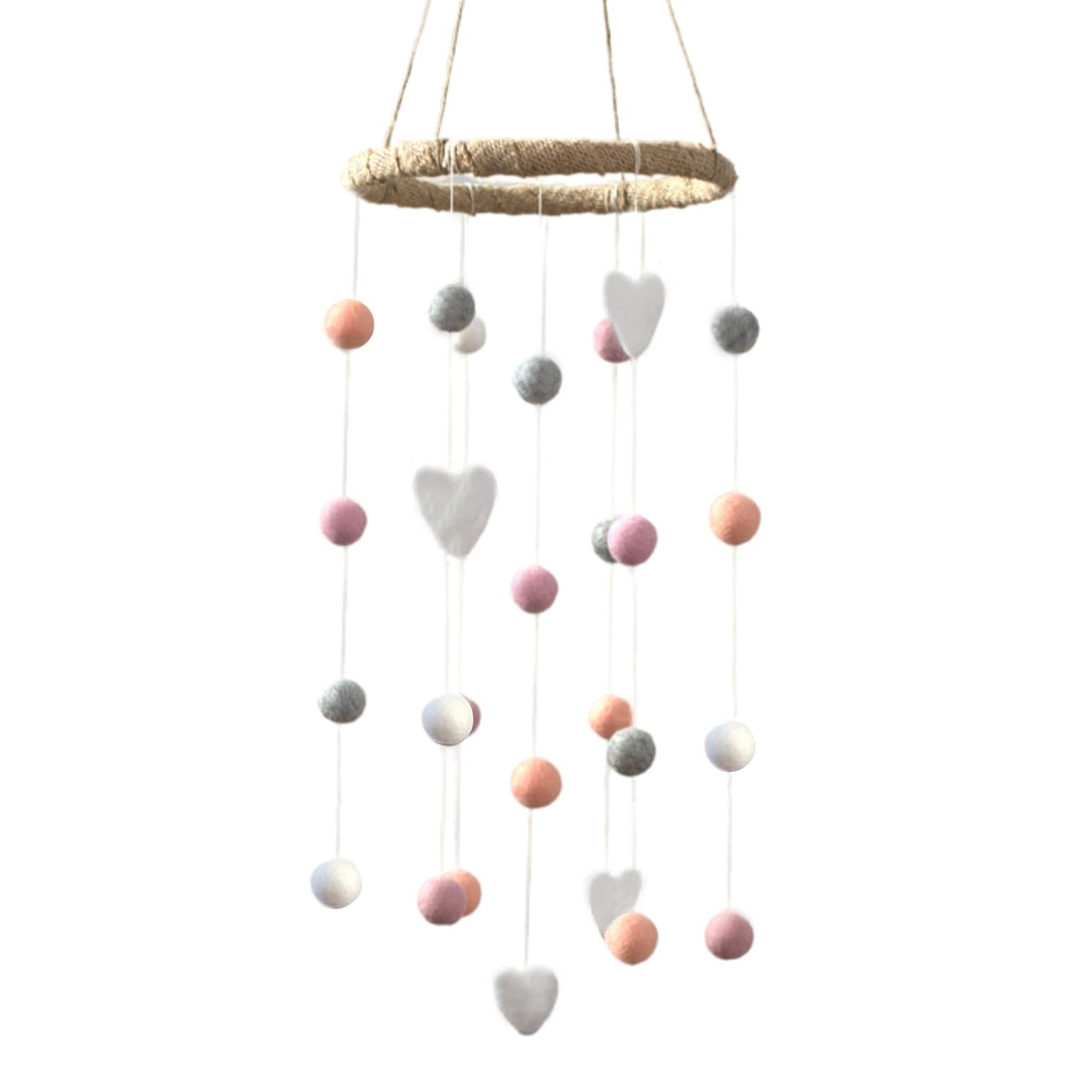 Felt Ball & Heart Nursery Ceiling Mobile- Peach, Pink, Gray & White- Neutral Children's Room Ceiling Decor- Nursery Boy Girl Baby Shower Gift- Handmade - 100% Wool Felt Shapes