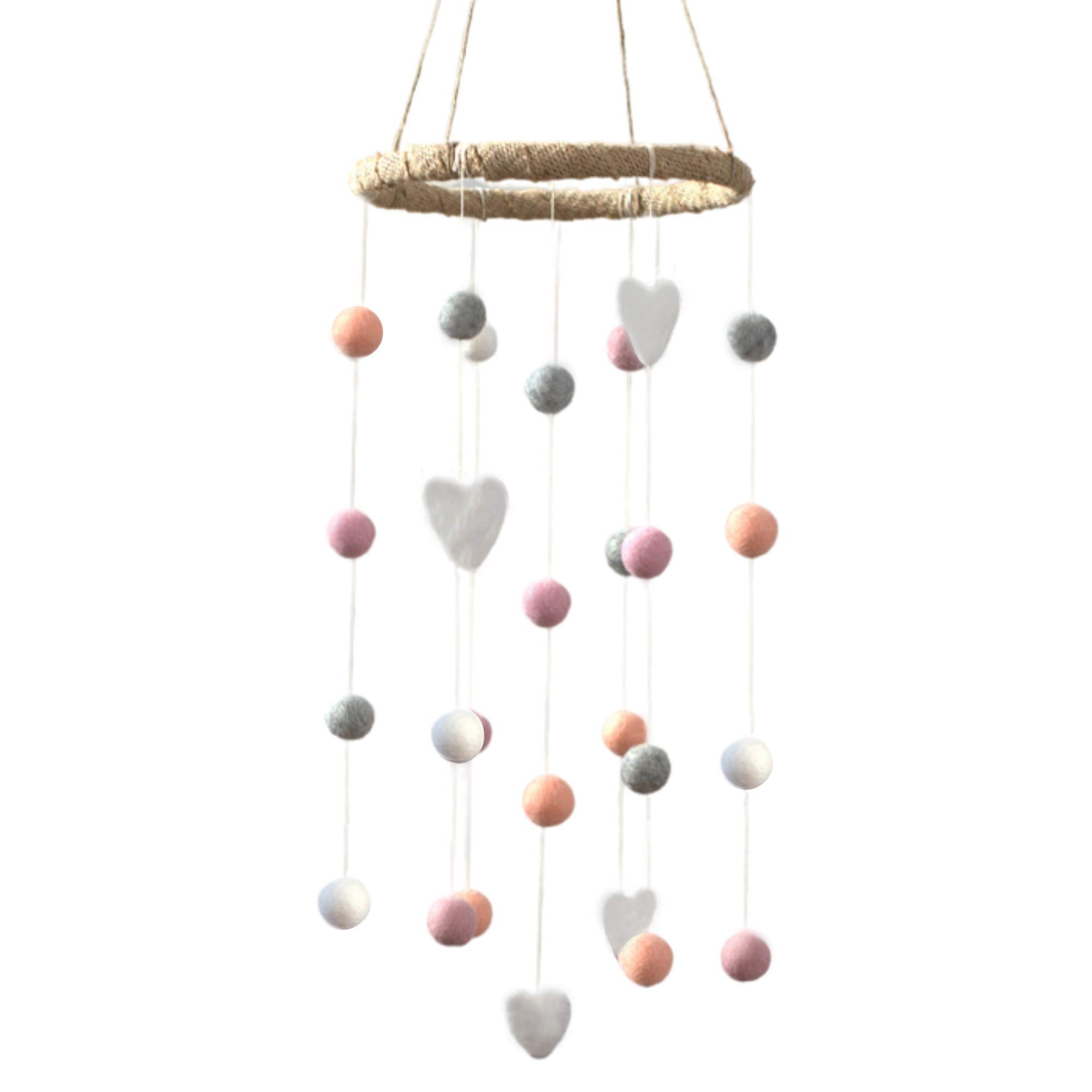 Felt Ball & Heart Nursery Ceiling Mobile- Peach, Pink, Gray & White- Neutral Children's Room Ceiling Decor- Nursery Boy Girl Baby Shower Gift- Handmade - 100% Wool Felt Shapes