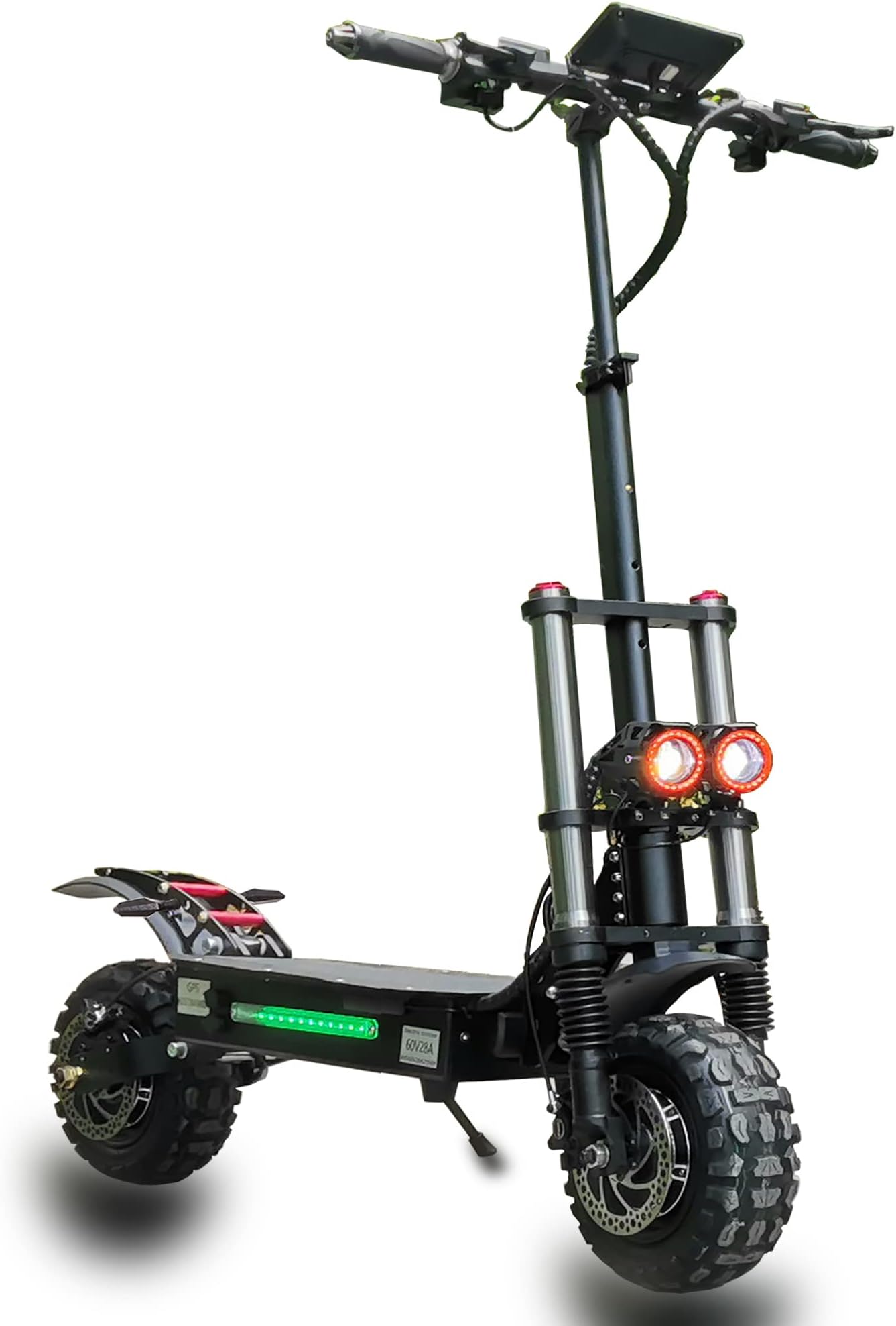 HWWH Offroad Electric Scooter Adult Fast Folding E Scooters High Power Dual Motor Twist Grip Throttle 11" All Terrain Tubeless Vacuum Tire Dual Suspension Disc Brake 60V 38Ah Lithium Battery