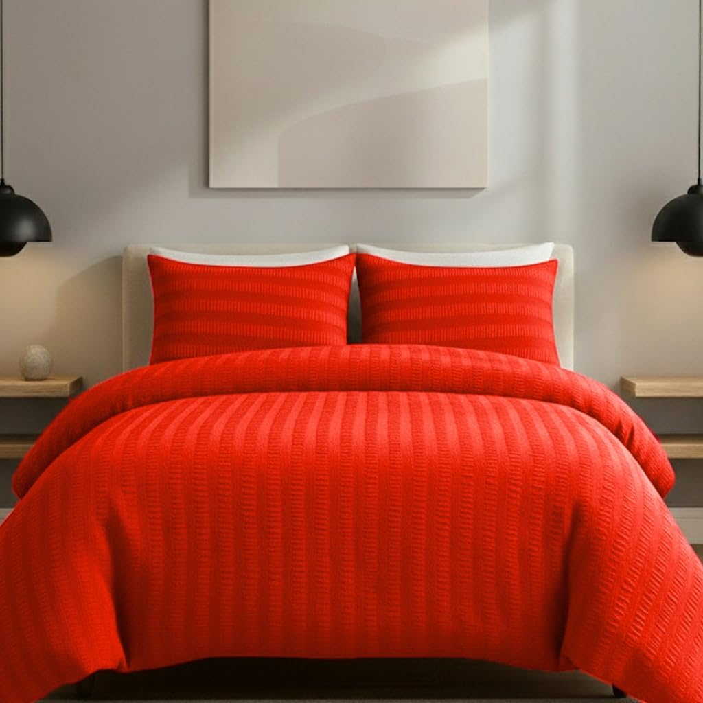 AHS - Single Red Seersucker Duvet Set Cover With Pillow Case - Multiple Sizes - Complete Bedding Set - Ultra Soft Brushed Microfiber - EasyCare & Machine Washable — image 1