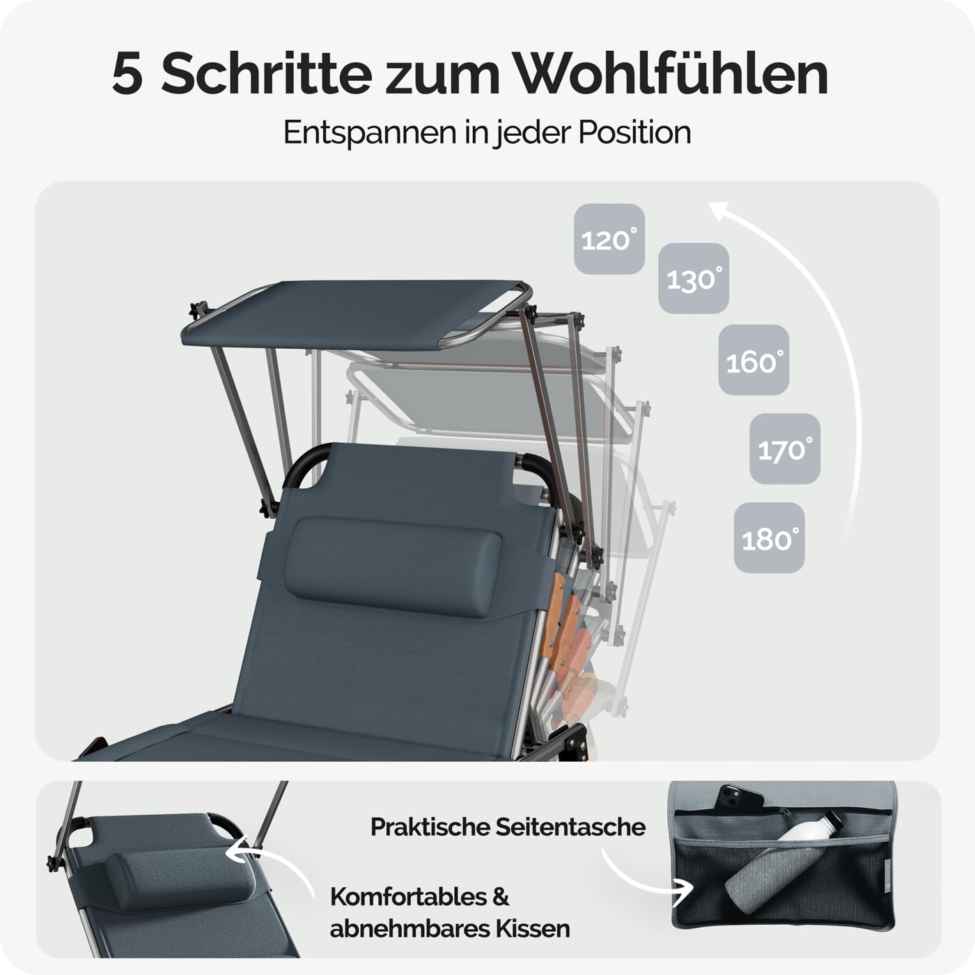 KOMFOTTEU Opvouwbare zonneligstoel met 3 afneembare hoofdsteunen en gat, strandstoel met 5-voudig verstelbare rugleuning, draagbaar, voor zwembad, 63 x 194 x 37 cm (beige