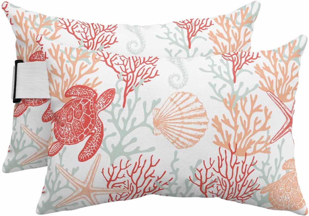 Lumbar Pillow Covers Set of 2, Teal Blue Coastal Waterproof Outdoor Chaise Lounge Pillow Covers with Elastic Strap, Sea Turtle Nautical Coral Summer Beach Headrest Pillowcase for Patio, 12 x 20