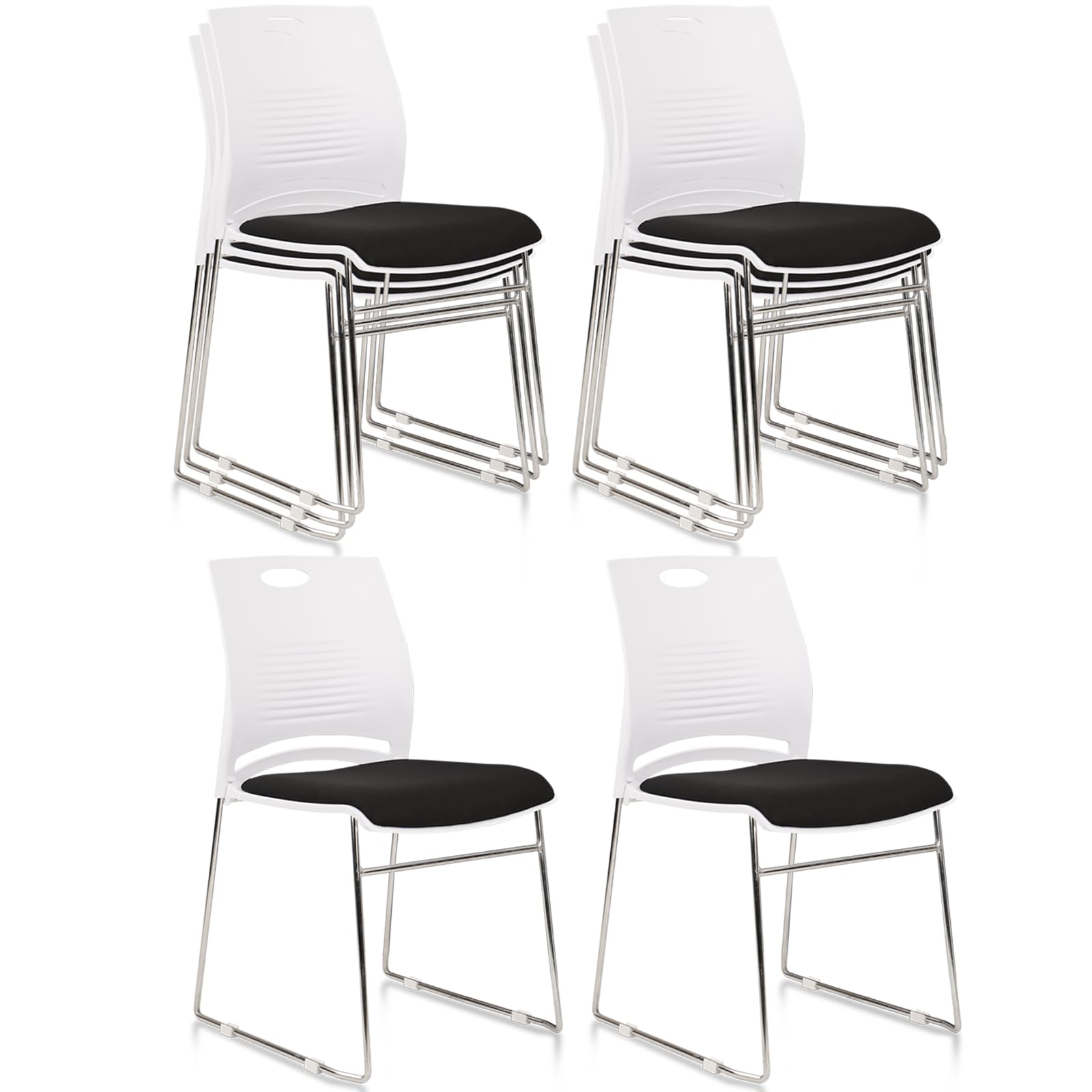 CLATINA Stacking Home Office Guest Chair, Reception Stackable Chairs with Metal Sled Base, Conference Lobby Waiting Training School Kitchen Banquet Chair, Plastic Desk Chairs No Wheels, White, 8 Pack