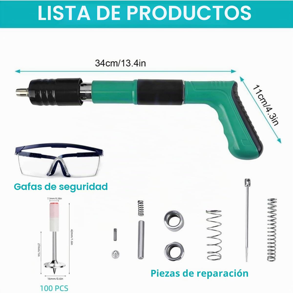 Pistola de Clavos para Hormigon Neumatica, Clavadora Hormigon, Nail Gun, Pistola de Impacto Clavos con 100 Clavos Redondos - para Acero y Concreto - Fácil de Usar