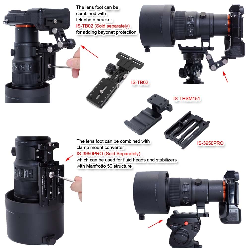 iShoot Base ad anello di ricambio per treppiede compatibile con Sigma 70-200 mm F2.8 DG DN OS Sports e 500 mm F5.6 DG DN OS Sports, staffa di supporto con piastra a sgancio rapido Arca-swiss Fit