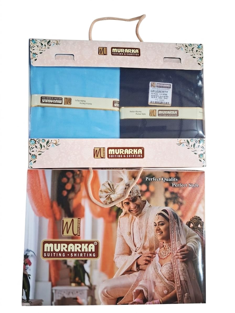 Murarka Suiting & Shirting Unstitched Fabric Combo Gift Set, Sky Blue and Dark Navy Blue, Cotton Blend, Wedding Theme-image-3