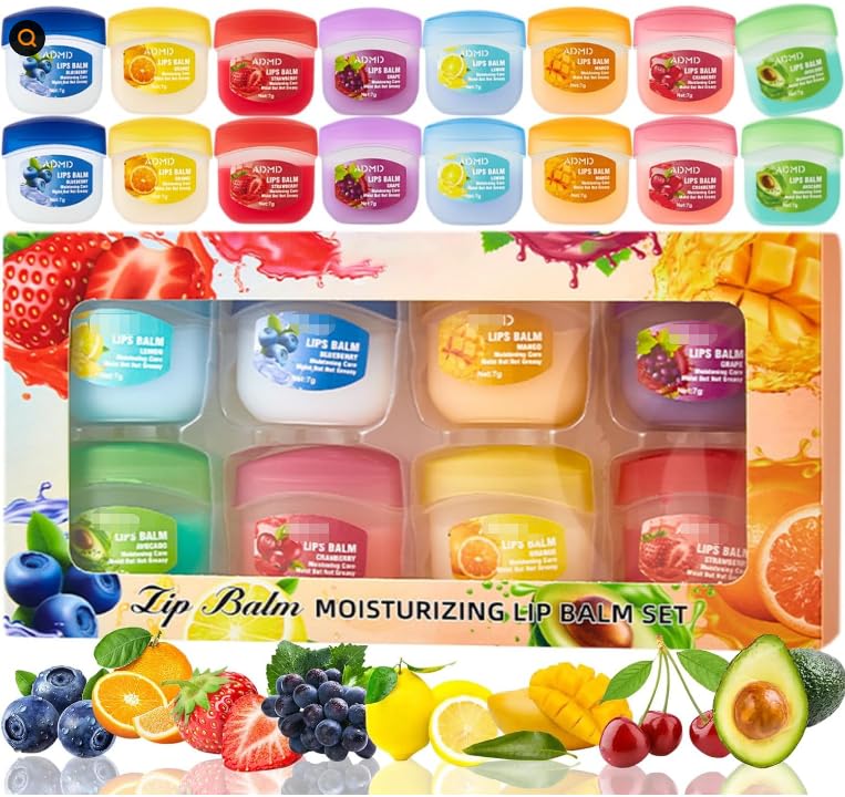 16Pcs Lip Balm Set,8 Fruity Flavors Mini Lip Balm Multipack Natural Organic Deep Moisturizing Vegan Lip Care Repair Cracked Dry Lips,Skin Care Gift Set For Teenager Girls