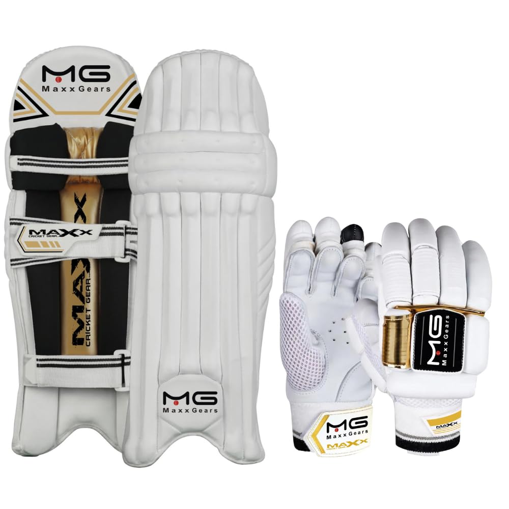 Maxx Cricket Mens HD Foam Premium Quality Comfort Batting Pads + Gloves set left and right handed (White Yellow Pads + Gloves Set, Left Hand)