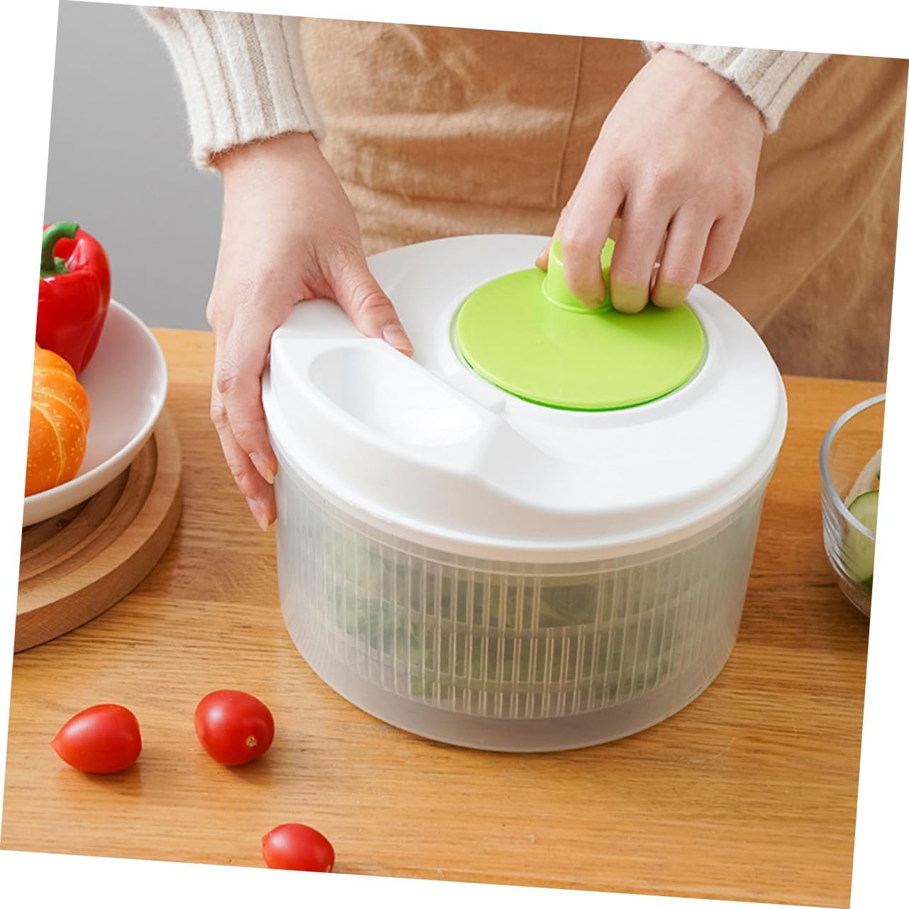 PRETYZOOM 2-in-1 Vegetable Slicer and Salad Spinner Efficient Kitchen Tool for Quick Washing and Drying White Compact Size for Fruits and Vegetables