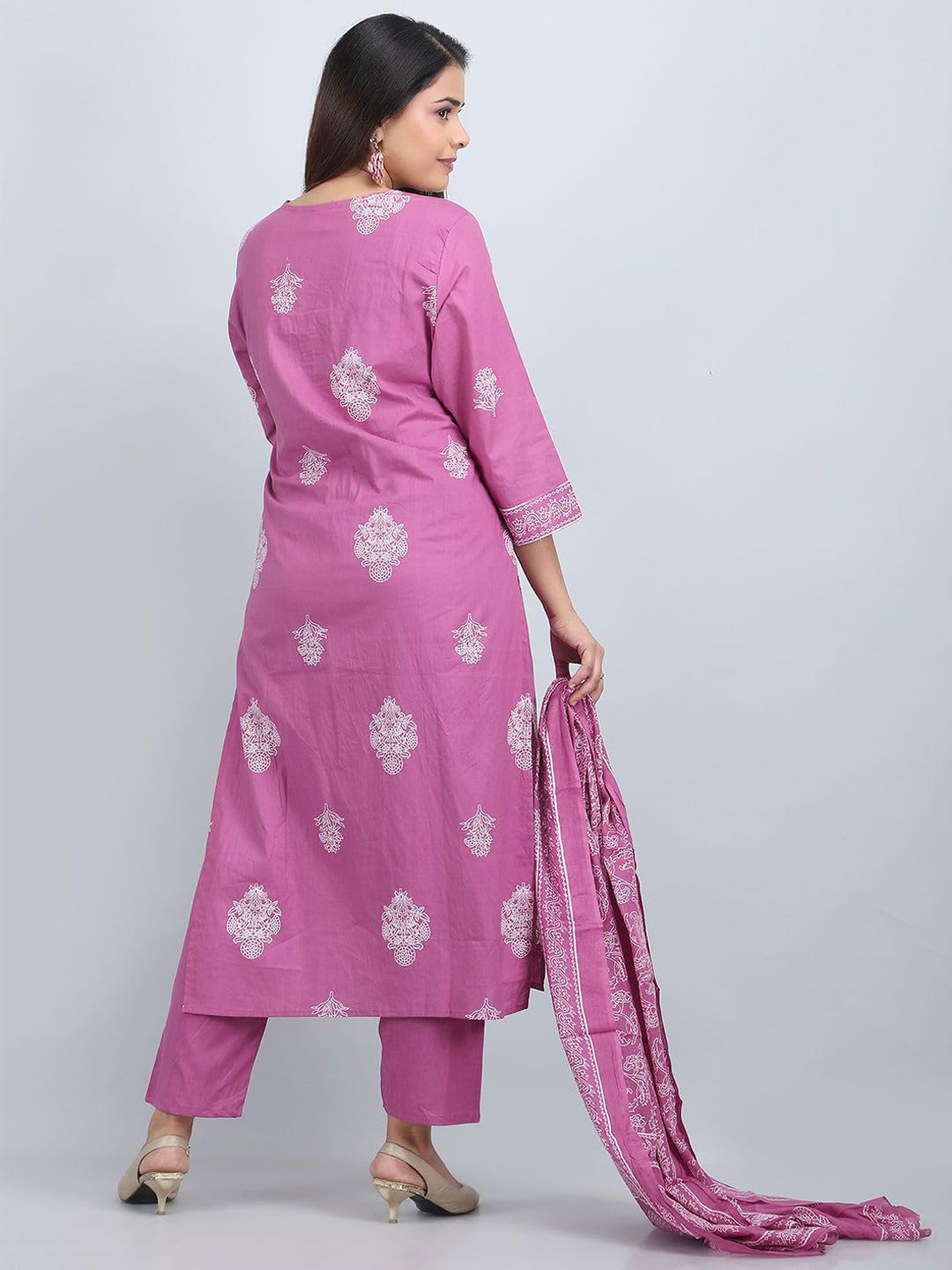 PARTHVI|Women's Pure Cotton Printed with Handwork Kurta with Pants and Dupatta Set | Ethnic Set | Suit Set | Kurta Set | Wedding Suit Set (P-1079-Wine-XL) - Image 6 thumbnail