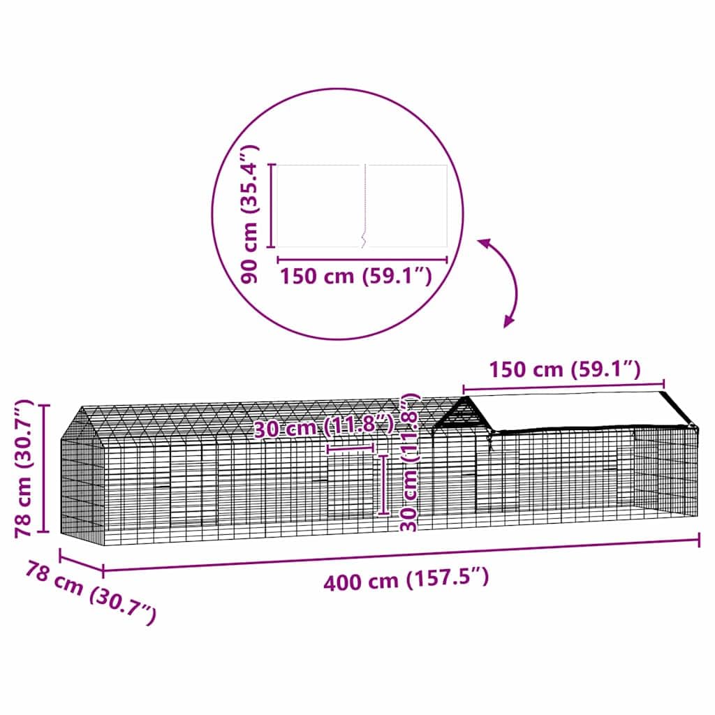 Jaula para conejos plateada, 400 x 78 x 78 cm, acero galvanizado, jaula para animales pequeños, jaula para roedores, cañón libre, parque al aire libre, vivienda, protección para conejos