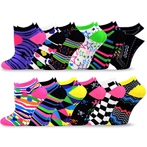 TeeHee Women's Acrylic No Show Low Cut Basic 12-Pack, (Fun Foot) 9-11