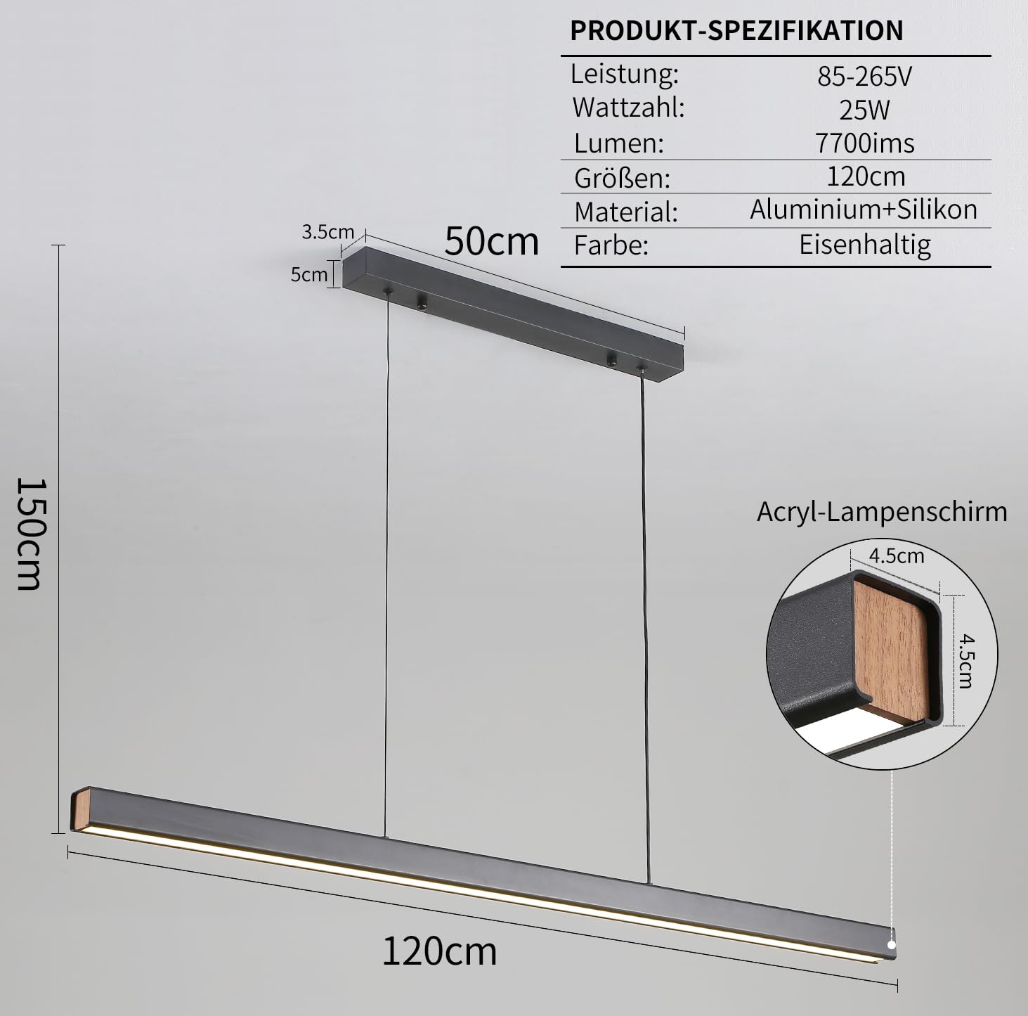 Mikeru Lampada a Sospensione da Tavolo da Pranzo, 120cm Moderna Lineare a LED 10%-100% Dimmerabile 3000/4500/6000k 3 Colori Lampadario LED Sospensione Dimmerabile per Sala Da Pranzo, Soggiorno