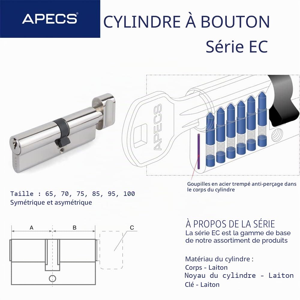 APECS - Cylindre de serrure à bouton - Avec bouton - 100 (40C/60) mm - Pour serrure de porte d'entrée - Avec 3 clés - Modèle EC-100 (40C/60)-C