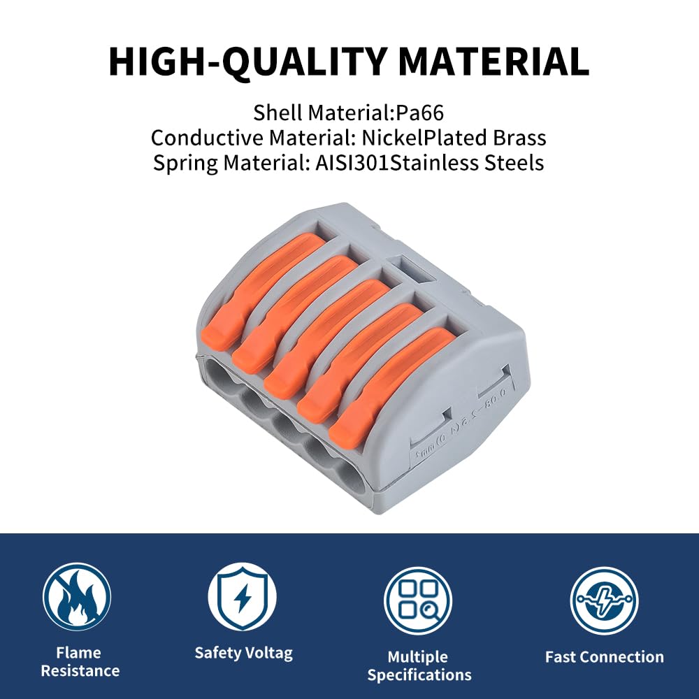 50 conectores de cable de palanca, conectores compactos de empalme de cable eléctrico de 5 conductores para cableado 28-11 AWG