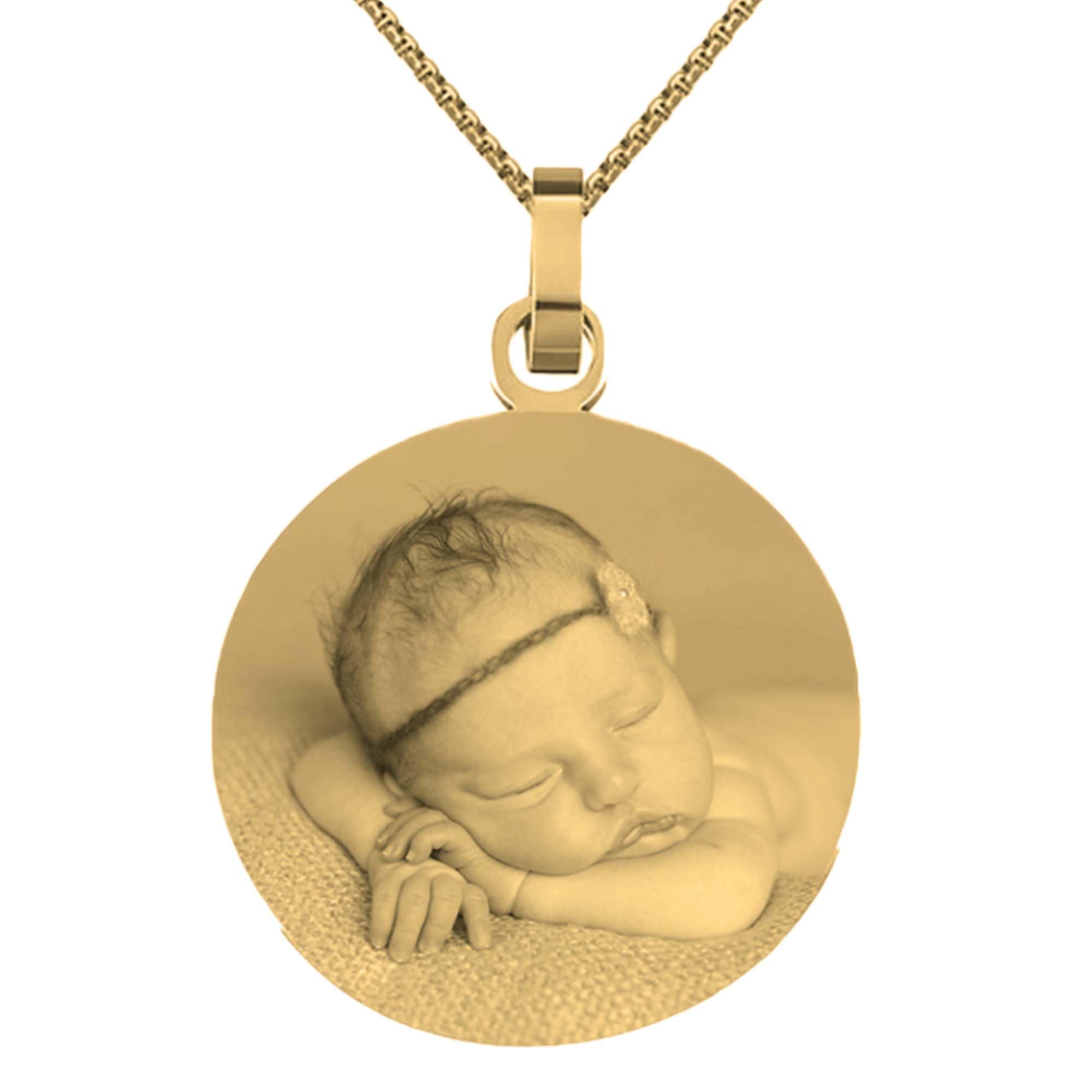 Fotogravur Anhänger rund mit Kette und eigener Gravur Namen und Datum/Bildgravur mit Wunschgravur/Farben: Silber/Gold/Roségold