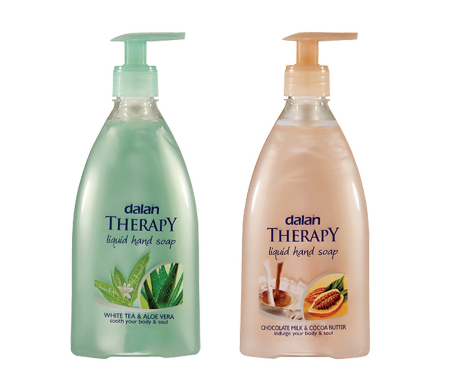 Combo Pack of 2 Exotic International Fragrances in Handwash/Liquid Soap- ALOE VERA & WHITE TEA 400 ml + COCOA BUTTER & CHOCOLATE MILK 400 ml