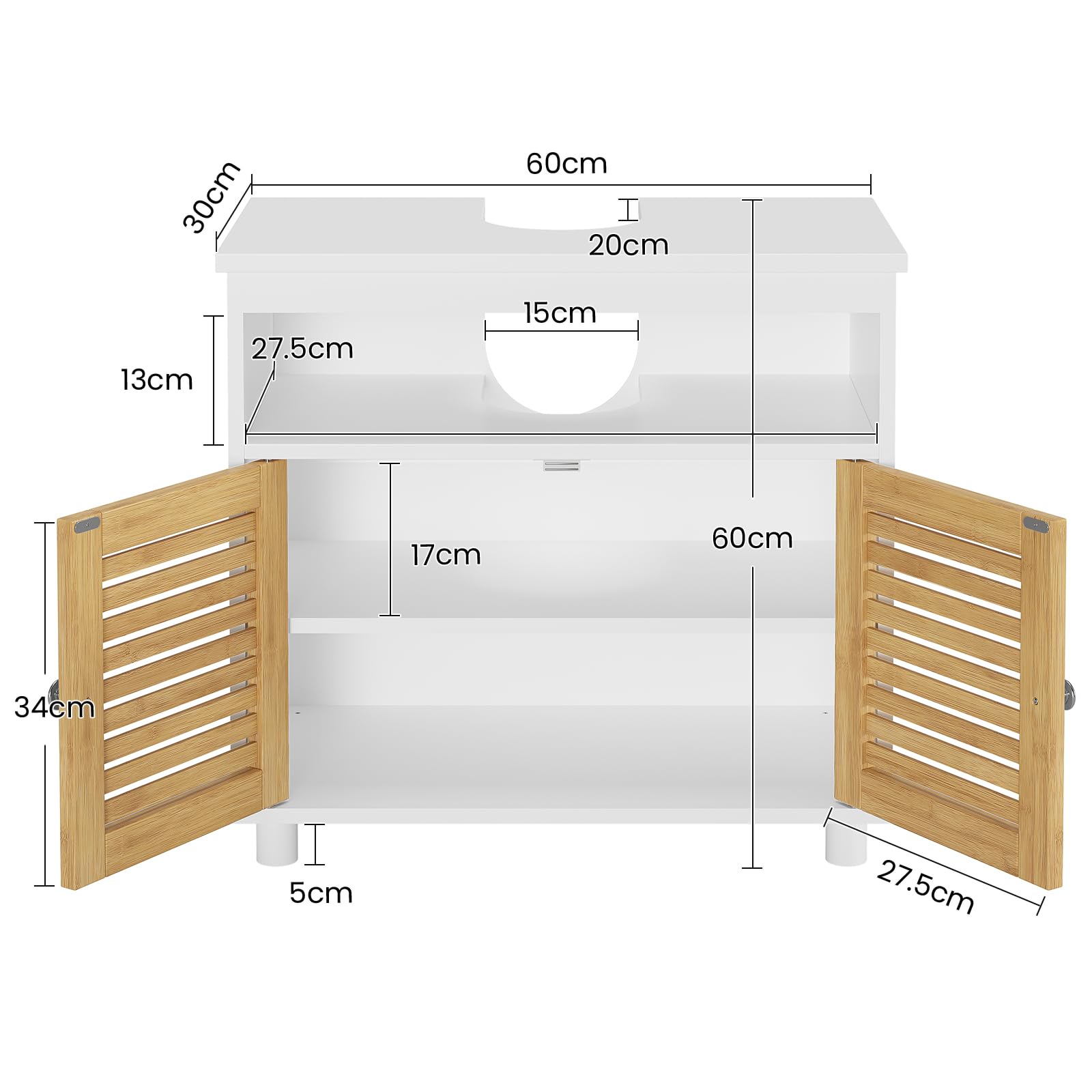 Waschbeckenunterschrank, Badschrank Unterschrank mit Doppeltüren aus Bambus, EIN offenes Fach, Badezimmerschrank, Waschtischunterschrank, 60 x 30 x 60 cm