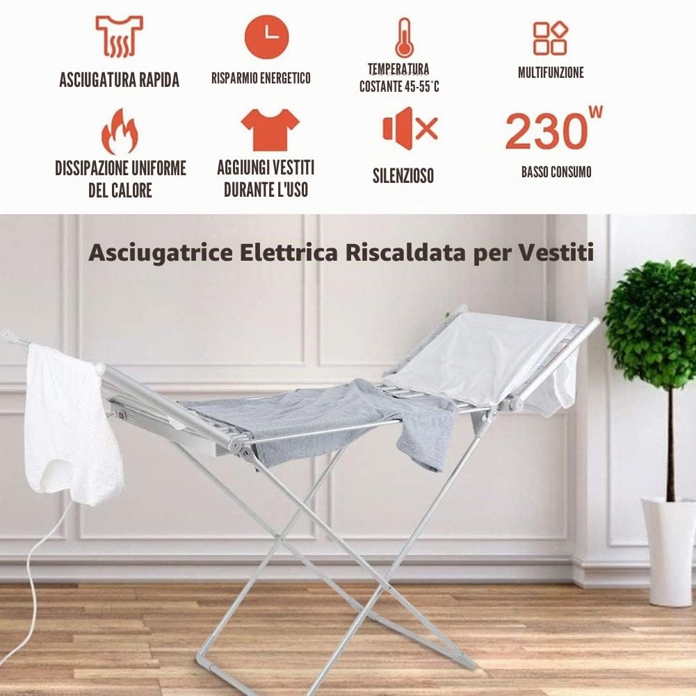 20 Bars Stendibiancheria Elettrico Basso Consumo, Stendino Elettrico Riscaldato Pieghevole 230W, Stendibiancheria Elettrico Asciugabiancheria