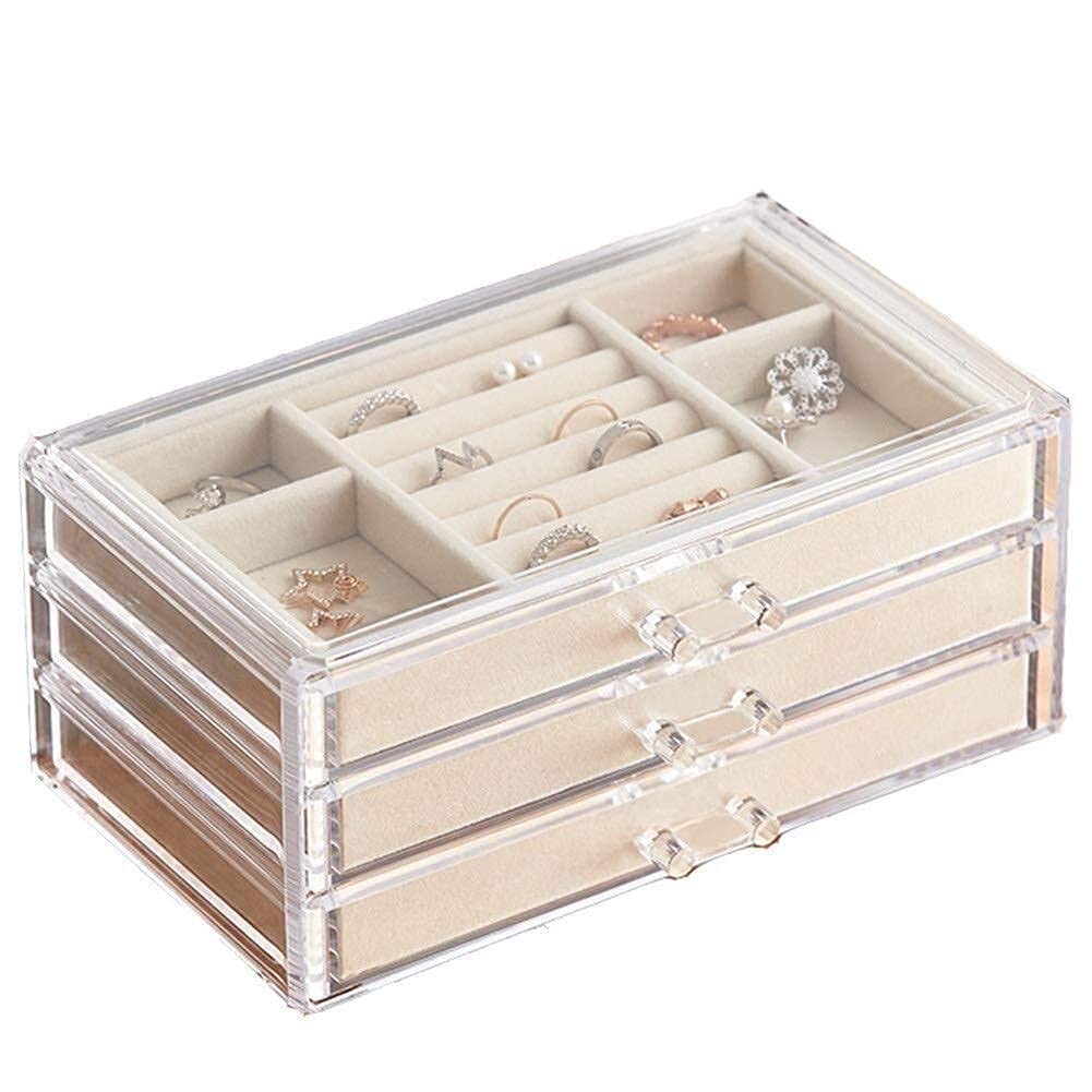 Sddpulse Women's Jewelry Box Organiser For With 3 Drawers Jewelry Box Organiser For Earring Bracelet Necklace Rings Storage Clear Acrylic Jewellery Box,