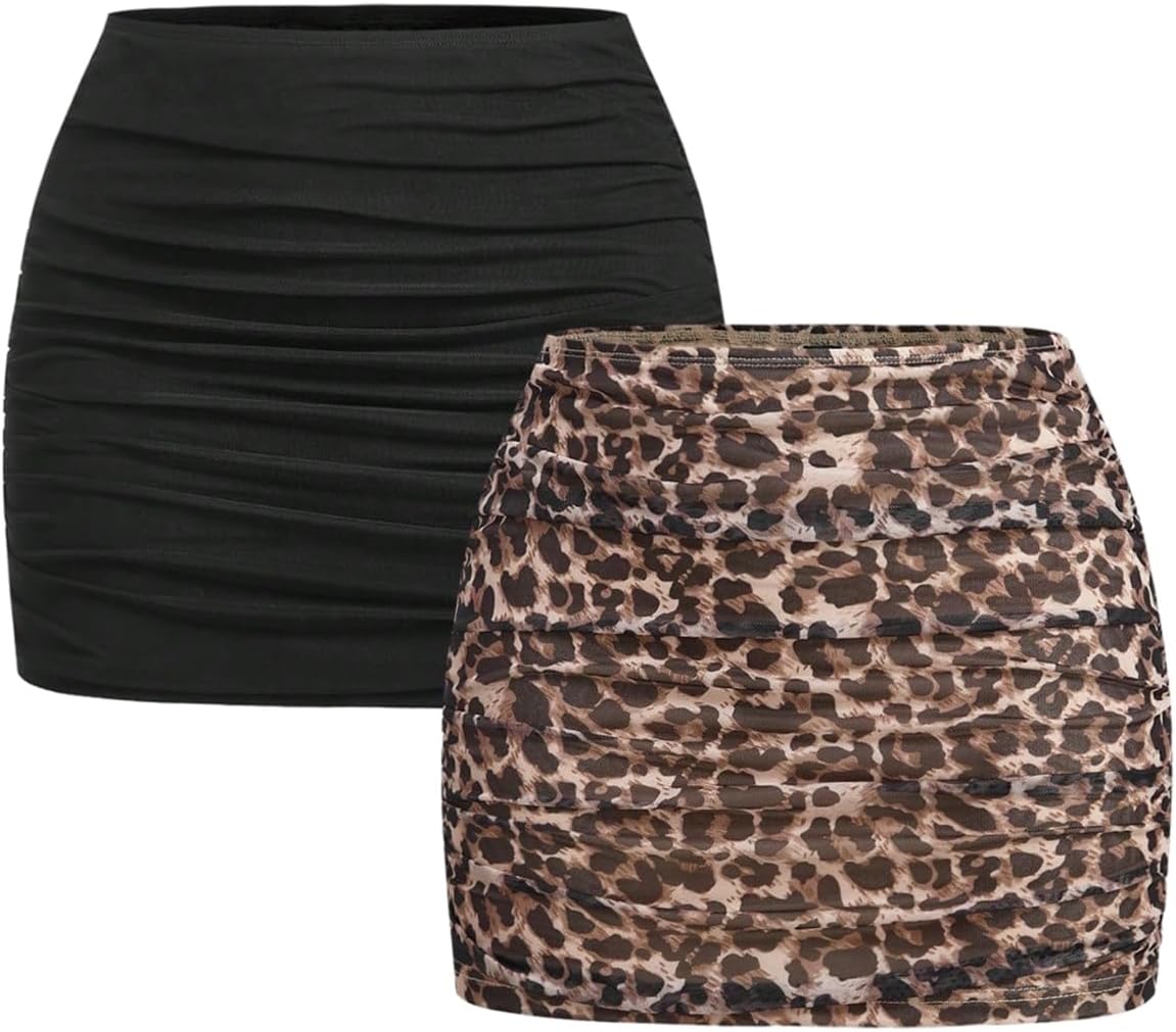 WDIRARA Women's 2 Pack Leopard Ruched Mini Skirt Low Rise Stretchy Bodycon Skirts