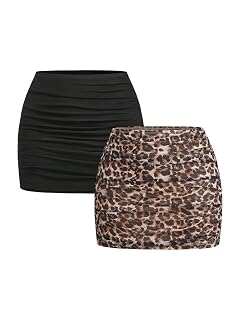 WDIRARA Womens 2 Pack Leopard Ruched Mini Skirt Low Rise Stretchy Bodycon Skirts