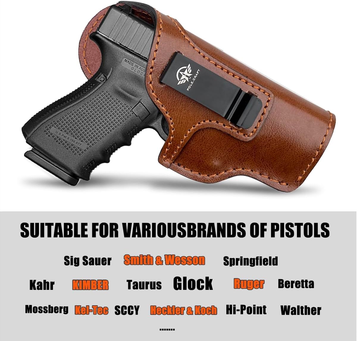 IWB Gun Leather Holsters for Pistol : Glock 19 17 26 - Taurus G2C G3C G3 - Sig Sauer - S&W M&P Shield 9mm / 380 EZ - Ruger - Colt 1911 - Springfield Hellcat - Beretta ... for 3.1'' - 4.7'' Barrel