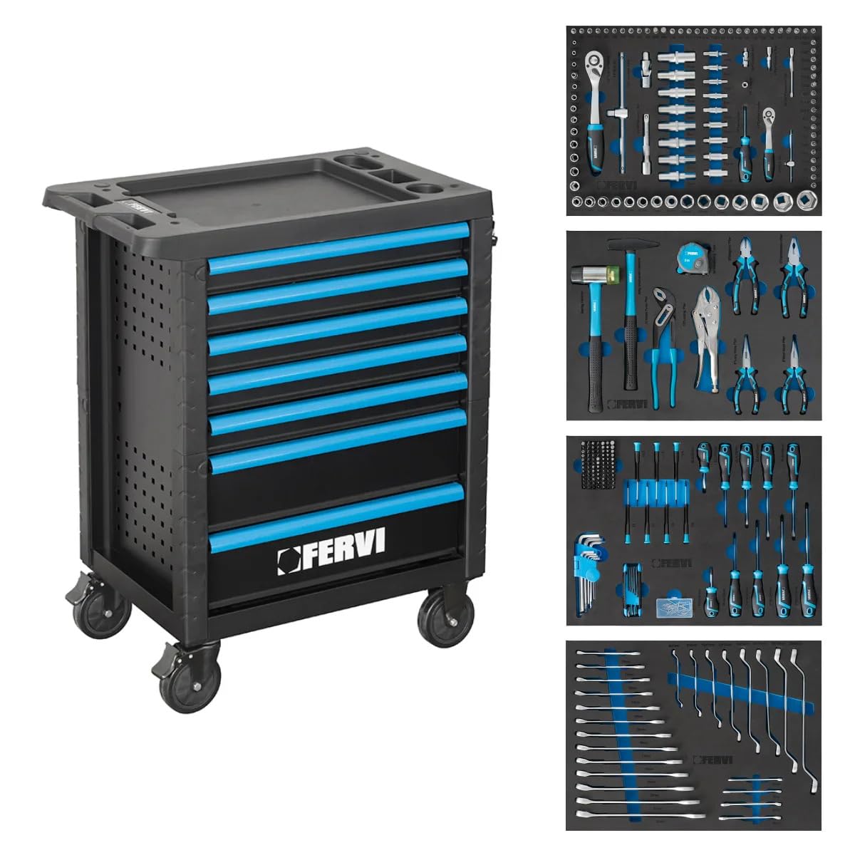 FERVI Carrello Officina con 7 Cassetti e 298 Utensili Professionali, Acciaio, 760x455x960 mm, Ruote Pivottanti