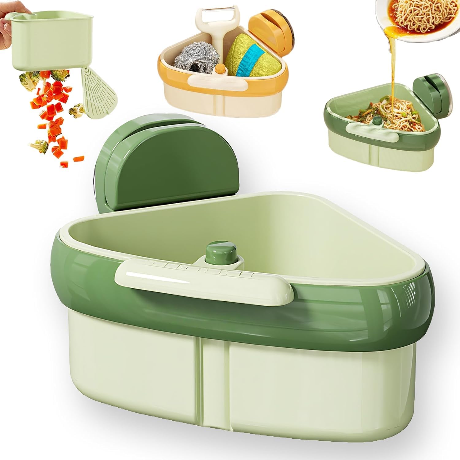 Suction Cup Sink Corner Rack,Corner Sink Strainer,Removable Triangular Sinks Trash Catcher,Multipurpose Plastic Sink Storage Rack Holder,Button Design,One-Touch Dumping,For Kitchen Bathroom (Green)