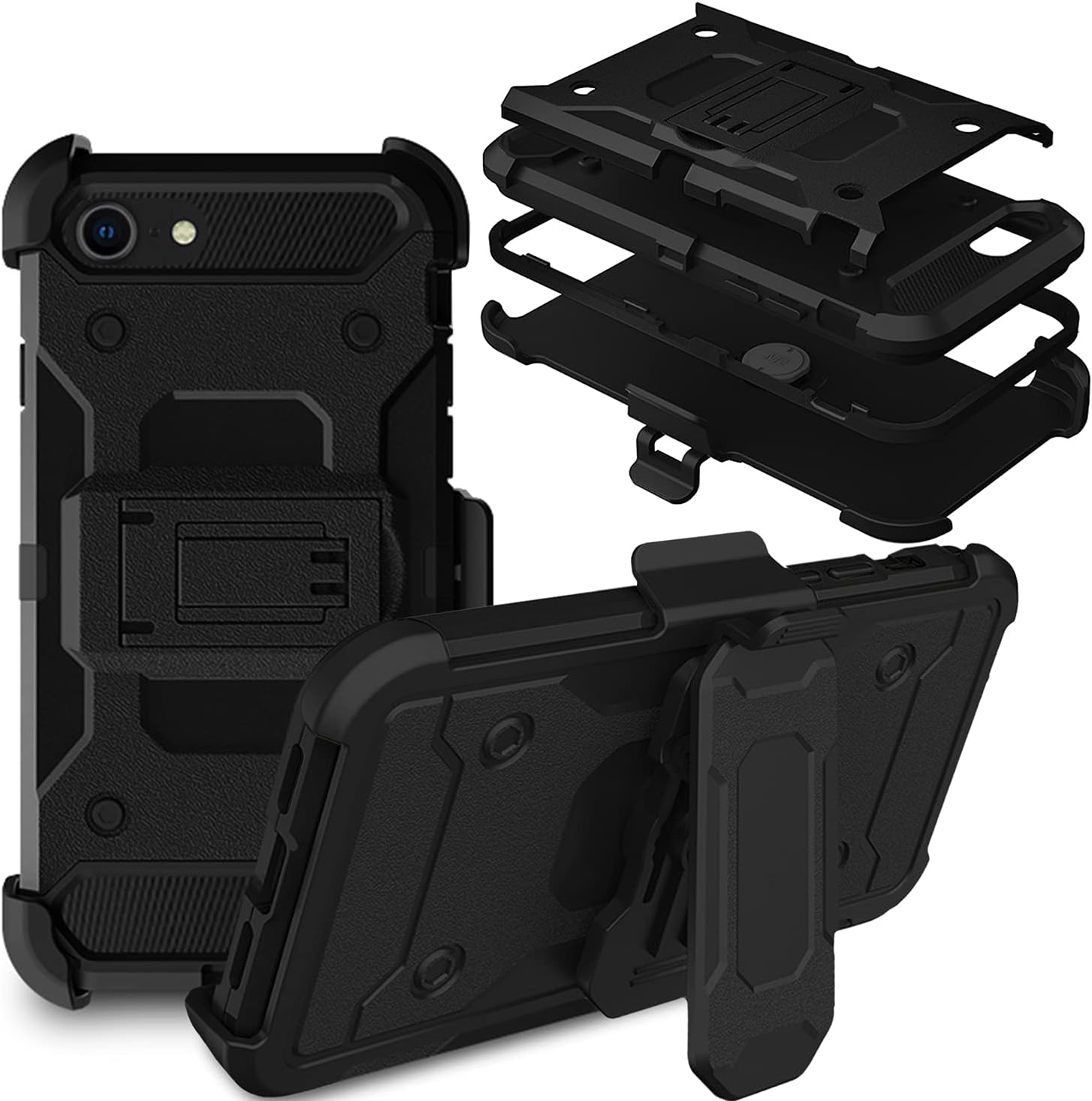 DuraSafe Cases for iPhone SE 2 (2020) / SE 3 (2022) - 4.7 Inch [ iPhone SE 3rd / iPhone SE 2nd Generation ] Durable Classic Printed Case 360° Rotatable Belt Clip Kick Stand - Black(with Holster)