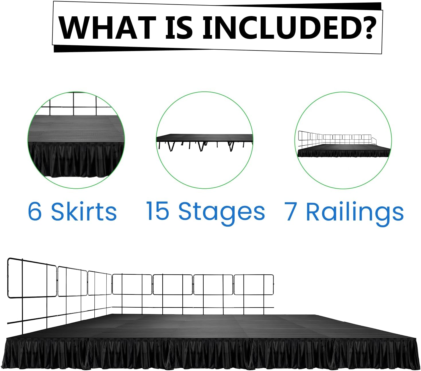 12'x20' Portable Stage Platform with 15 MyStage, 7 Railings & 6 Skirts - Performance Floor Versatile Platform Modular System Stage - DJ, Drum, Camera Stage Riser - Easy to Carry & Transport