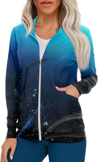 Scrub Jackets for Woman Zip Up Long Sleeve Tops Print Plus Size Womens Scrubs for Women Nursing Shirts with Pockets