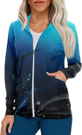 Scrub Jackets for Woman Zip Up Long Sleeve Tops Print Plus Size Womens Scrubs for Women Nursing Shirts with Pockets