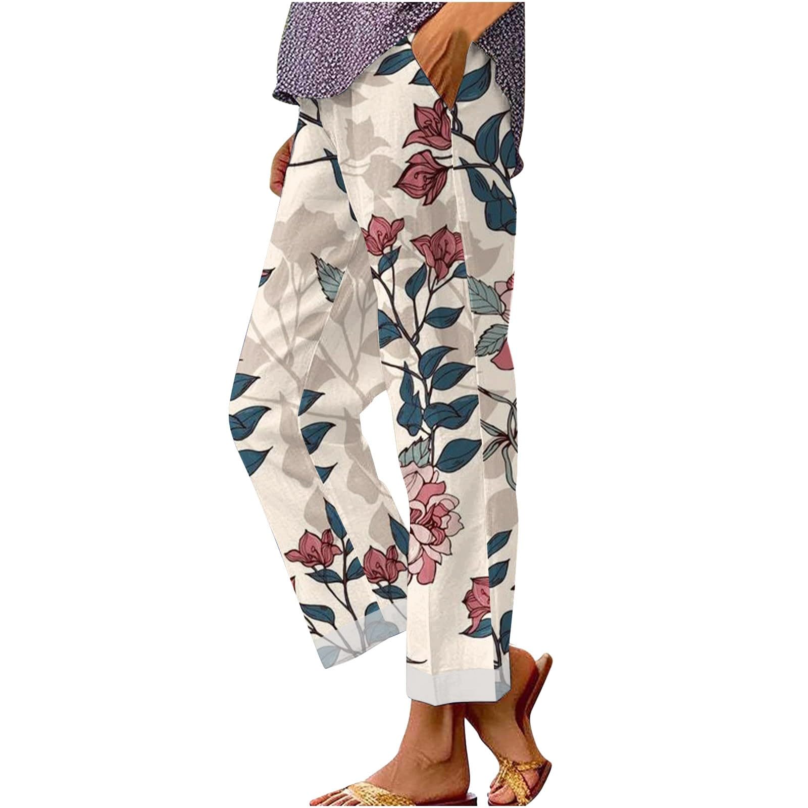 Womens Summer Drawstring Waist Pants Long Drawstring Linen Women Waist Cotton Casual Pants Summer Boho Wide Leg