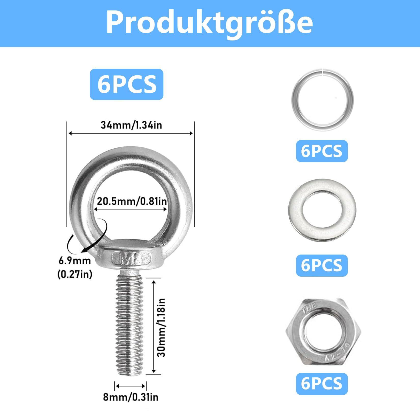 6 Sets M8 Eyebolt with Nut, Stainless Steel Eye Bolts and Nuts, M8 x 80mm Lifting Long Eye Bolt with Nut - Image 2