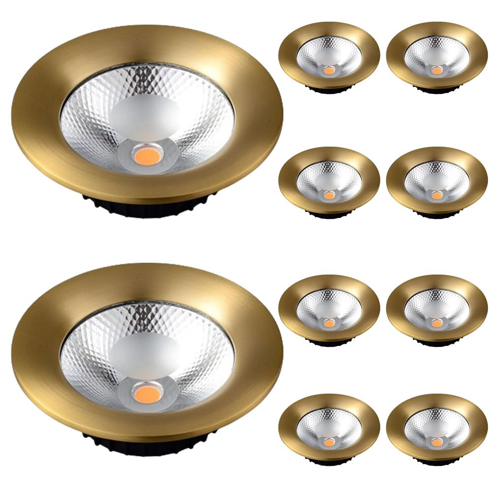 ASerZenith Led Downlight Brushed Brass Ceiling Light 10 Pack Led Recessed Downlight 3000K/4000K/6000K Dimmable Eyeball Retrofit Spotlight Brass Baffle Trim,Gold