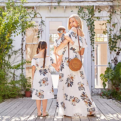 Image of PopReal Mommy and Me Dresses Floral Printed Chiffon Bowknot Ruffles Short Sleeve Beach Mom Daughter Matching Outfits