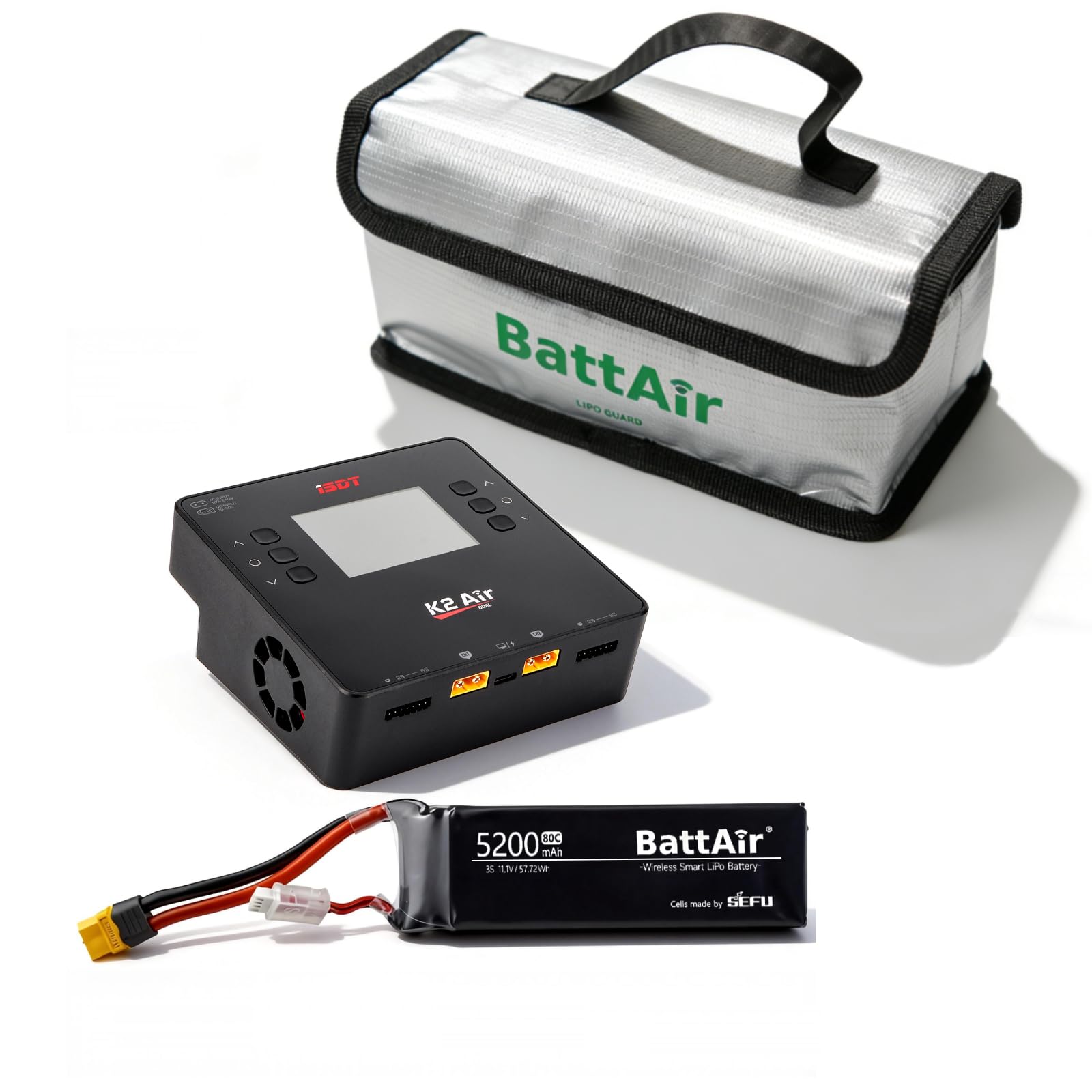 ISDT K2 Air Smart Balance Charger Bundle AC 200W/DC 500Wx2 1-6S Dual Channel and 3S 5200mAh 11.1V 75C XT60 Plug with Lipo Safe Bag for RC Drone, Aeroplane, Helicopter, Car