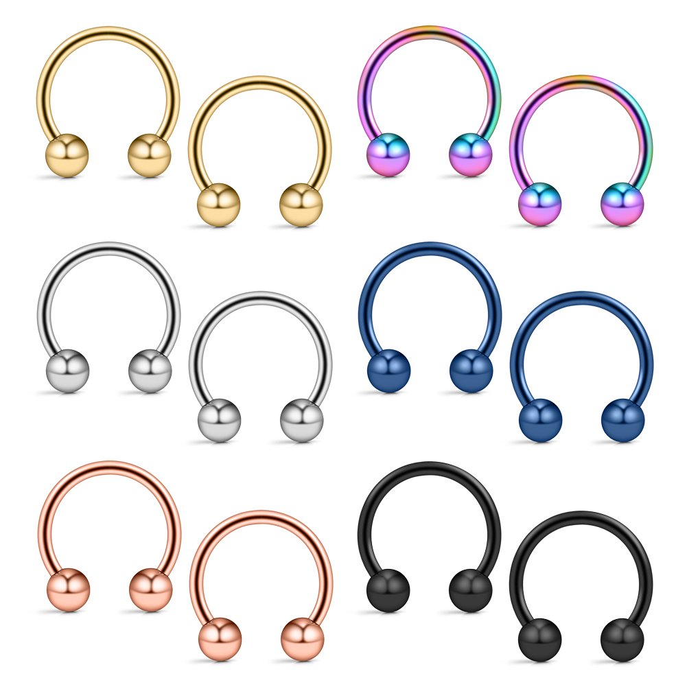 Ruifan 12PCS 14G Surgical Steel Nose Septum Horseshoe Hoop Earring Eyebrow Tragus Lip Piercing Ring