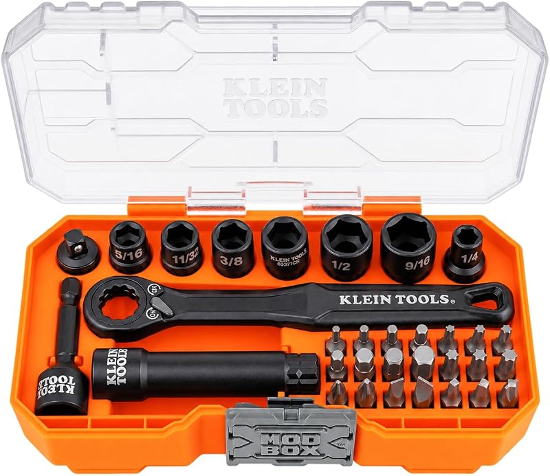Jogo de Soquetes Passantes KLEIN TOOLS KNECT 65300 com 32 Peças, Impacto, Encaixe de 6,35 mm e Estojo MODbox